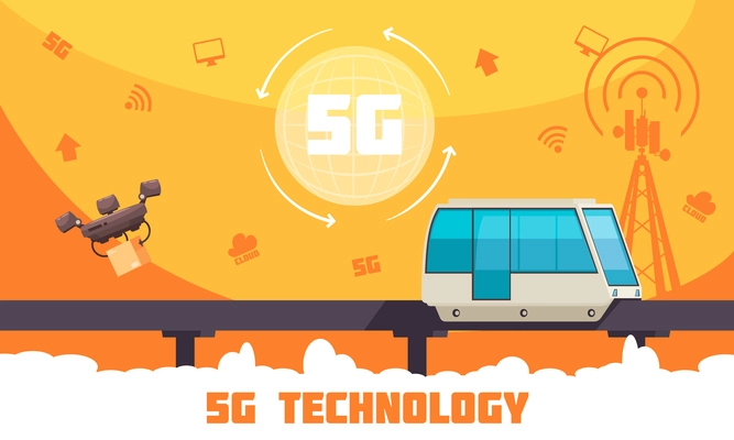 Broadband 5g internet technology flat poster with high speed remotely controlled vehicles  and web icons vector illustration