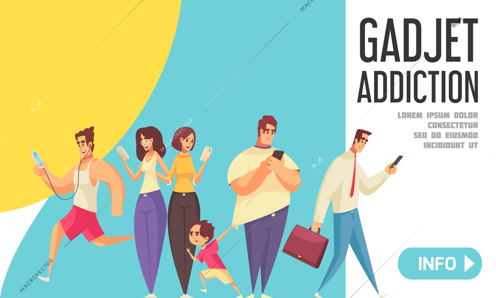 Gadget addiction landing page with people looking in their smartphones walking with kids going to office running in park vector illustration