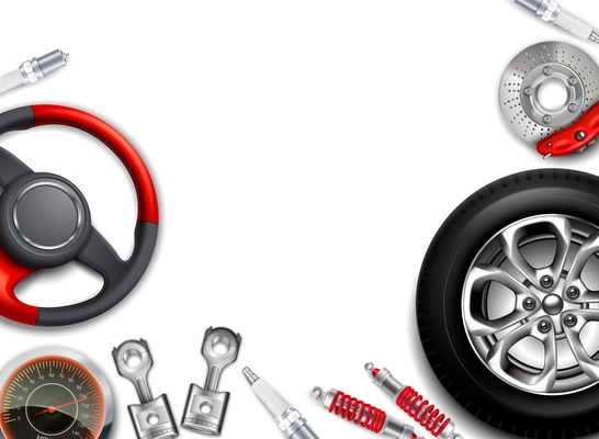 Car parts background with realistic images of alloy disks steering wheel shock absorbers with empty space vector illustration