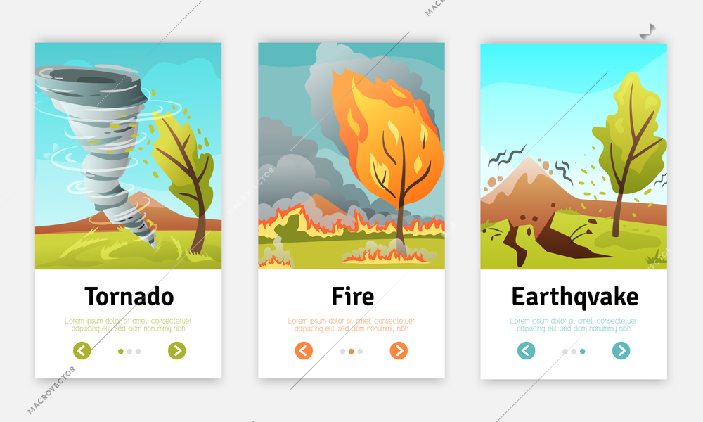 Natural disasters 3 flat vertical web banners set with tornado earthquake and wildfire compositions isolated vector illustration