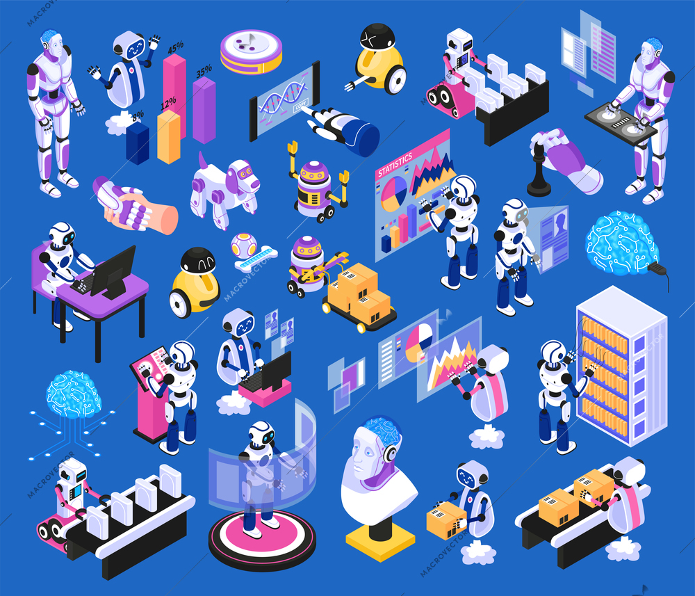 Artificial intelligence isometric elements big set with robotic pets assembly line humanoids technology blue background vector illustration