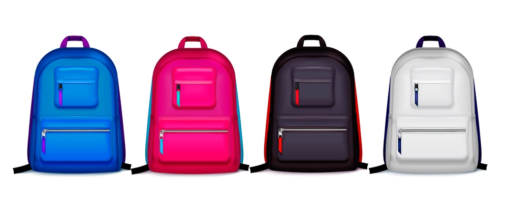 Set with four isolated realistic images of school backpacks of different color with shadows on blank background vector illustration