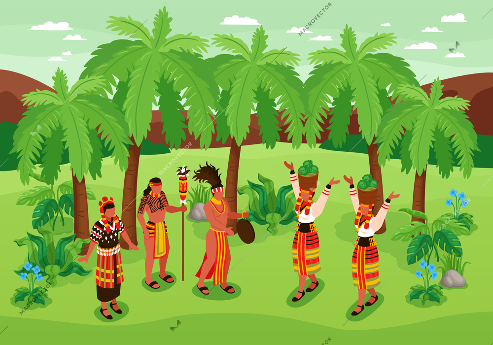 Phillipine travel isometric background with tribal groups symbols  vector illustration