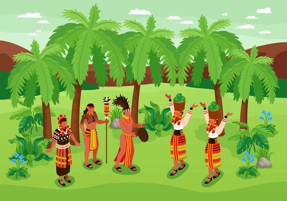Phillipine travel isometric background with tribal groups symbols  vector illustration