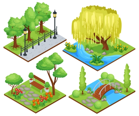 Natural park protected landscape recreation areas concept 4 isometric compositions with weeping willow flower beds vector illustration