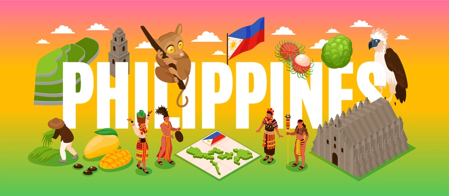 Phillipines tourism isometric concept with people and wildlife symbols  vector illustration
