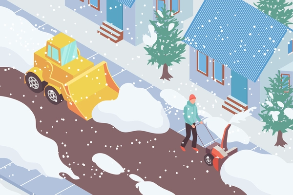 Snow removal vehicle and man clearing road in front of house 3d isometric vector illustration