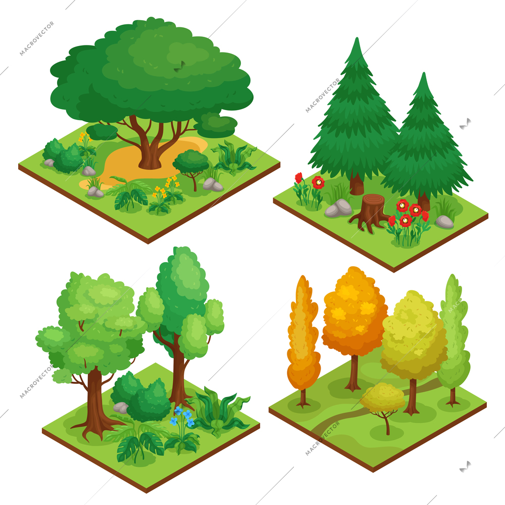 Park element compositions set with autumn and summer trees isometric isolated vector illustration