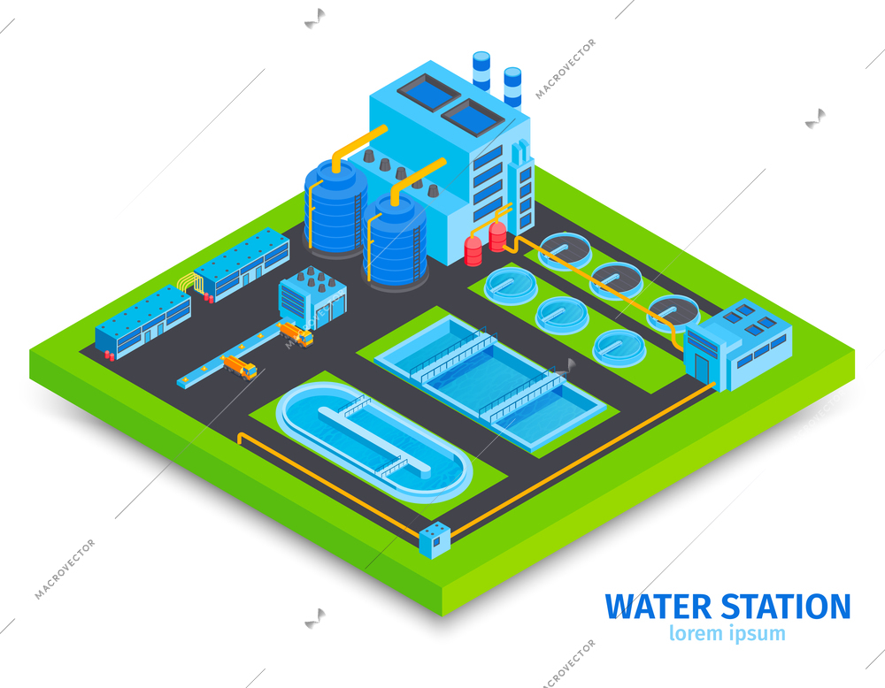 Isometric water purification technology with text and view of water processing factory station with plant buildings vector illustration