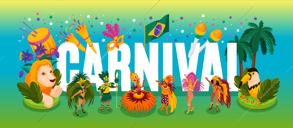 Brazilian dancing carnival isometric concept with performance and fun symbols  vector illustration