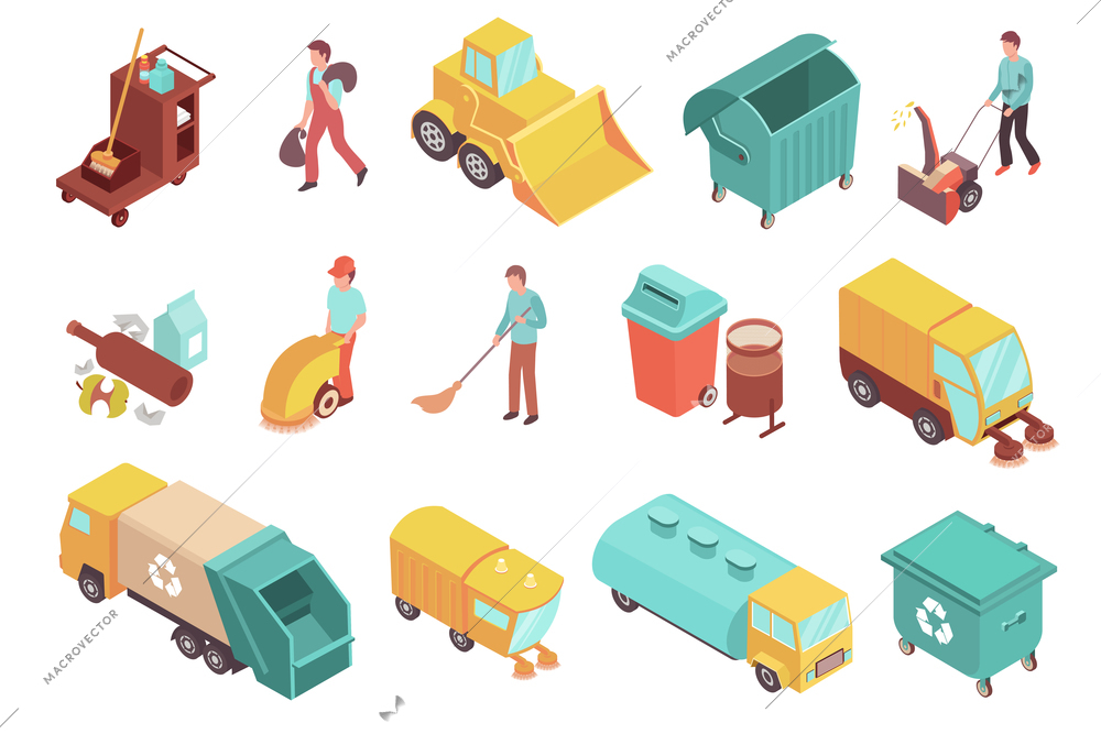 Colored isometric icons set with sweepers garbage and sweeping cars trash containers tools for cleaning streets 3d isolated vector illustration