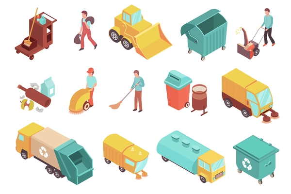 Colored isometric icons set with sweepers garbage and sweeping cars trash containers tools for cleaning streets 3d isolated vector illustration