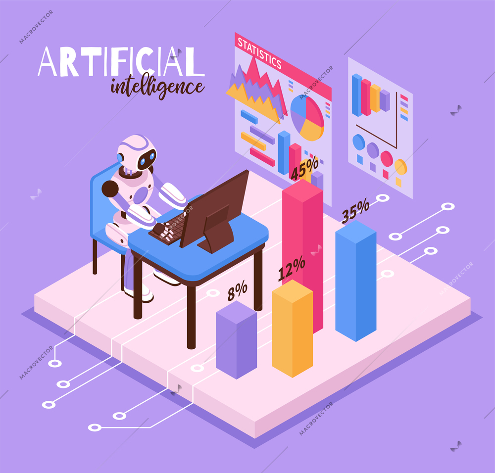 Robotic process isometric concept with artificial intelligence symbols  vector illustration