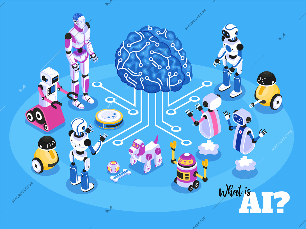 Artificial intelligence isometric composition with brain model surrounded by robotic helpers and pets blue background vector illustration