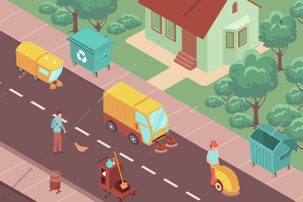 Volunteers cleaning and sweeping city streets 3d isometric vector illustration