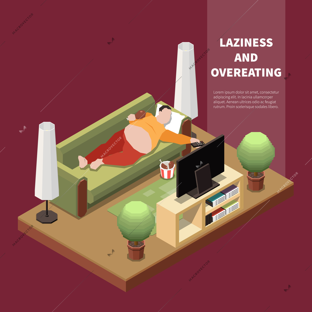 Suffering from gluttony fat man lying on sofa eating fast food chicken in front of tv 3d isometric vector illustration