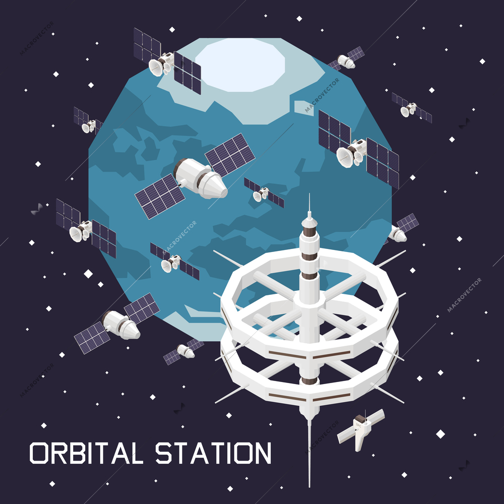 Isometric composition with orbital space station and ship 3d vector illustration