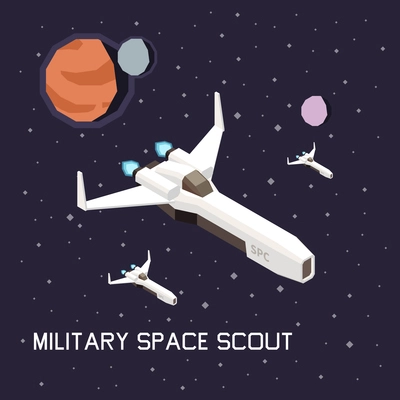Space ship isometric composition with flying military scouts 3d vector illustration