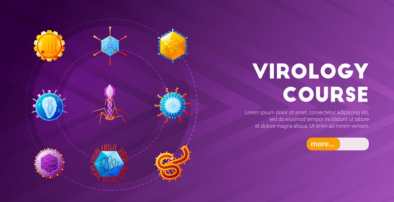 Online introductory virology course horizontal web landing page banner with colorful viruses icons purple background vector illustration