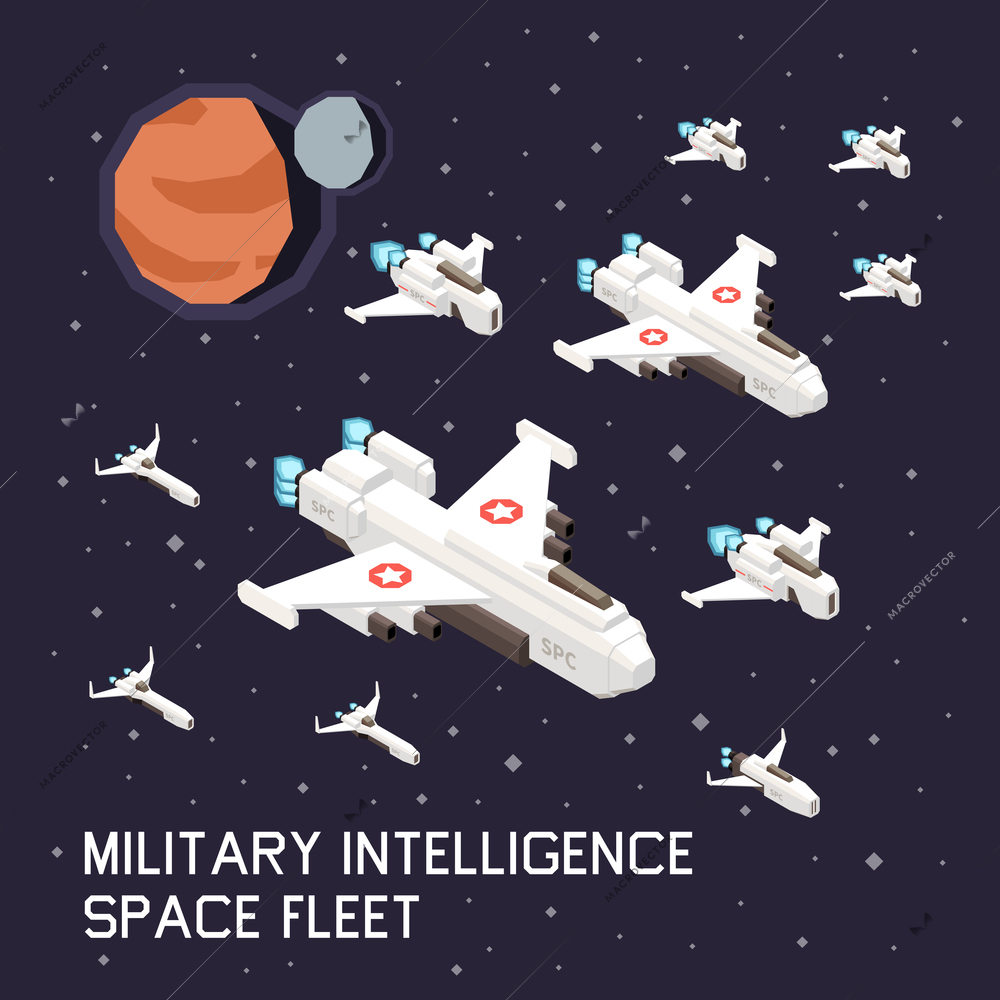 Isometric composition with military space ships flying on background with planets and stars 3d vector illustration