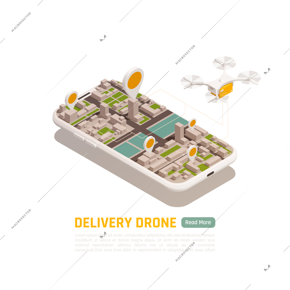 Drones quadrocopters isometric  background with conceptual images of city buildings inside smartphone frame with flying quadcopter vector illustration