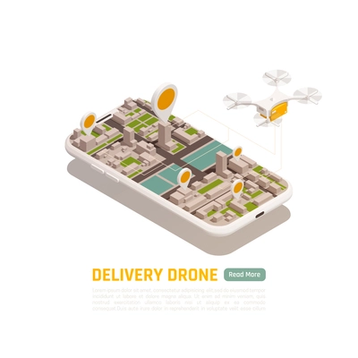 Drones quadrocopters isometric  background with conceptual images of city buildings inside smartphone frame with flying quadcopter vector illustration