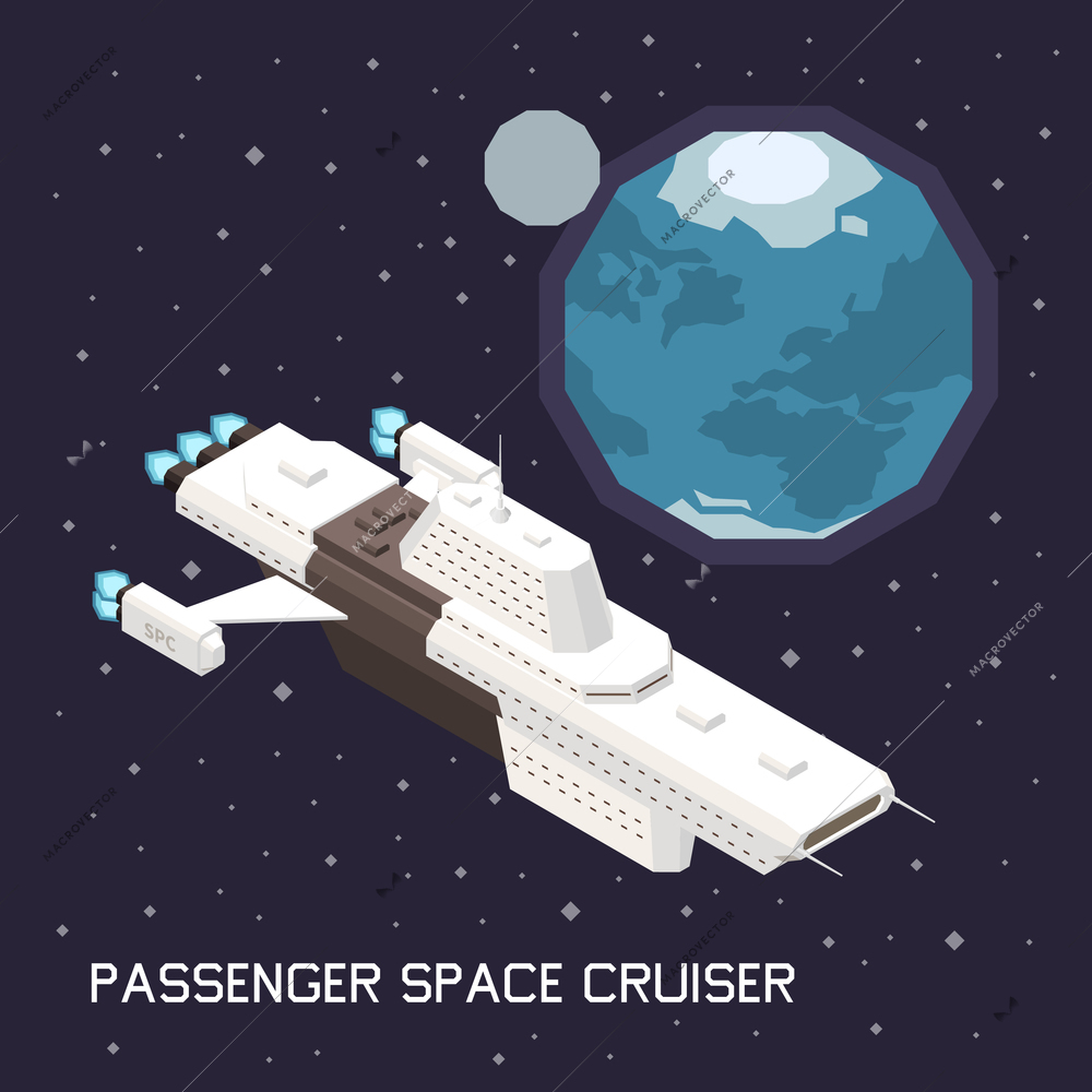 Isometric composition with big space ship transporting passengers 3d vector illustration