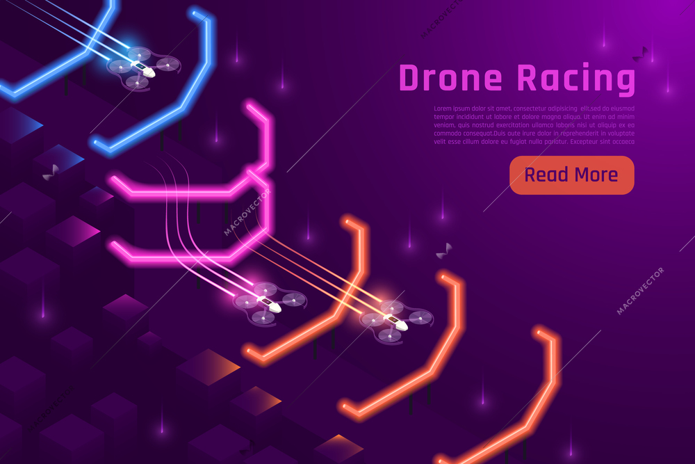 Drones quadrocopters isometric background with flashing neon barriers and racing drones with text and clickable button vector illustration