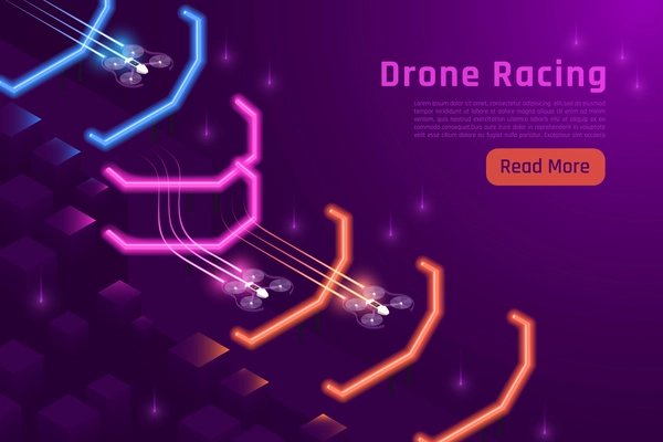 Drones quadrocopters isometric background with flashing neon barriers and racing drones with text and clickable button vector illustration