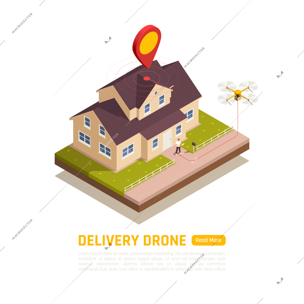 Drones quadrocopters isometric background with editable text read more button and round composition with private house vector illustration