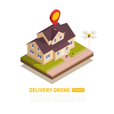 Drones quadrocopters isometric background with editable text read more button and round composition with private house vector illustration