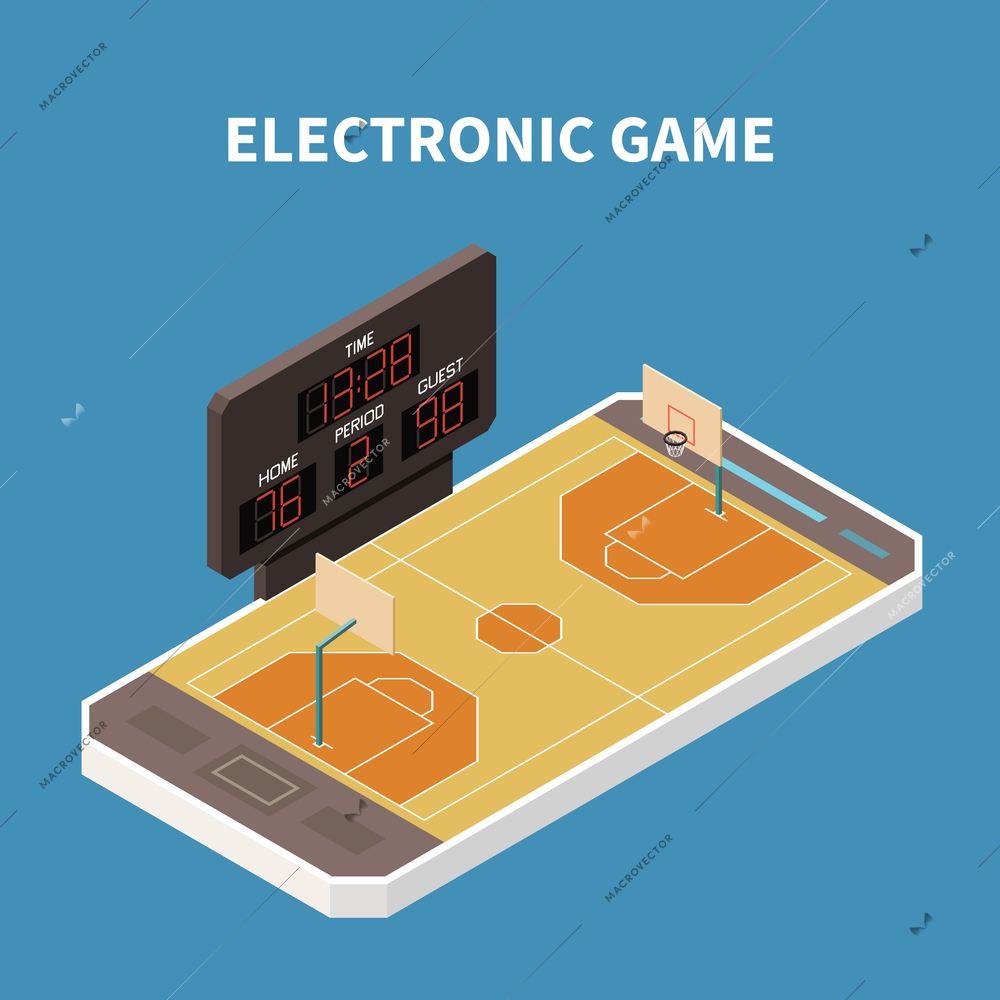 Basketball sport field game on smartphone isometric composition on blue background 3d vector illustration