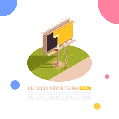 Outdoor advertisement isometric background with circle outdoor scenery billboard ladder and editable text with more button vector illustration