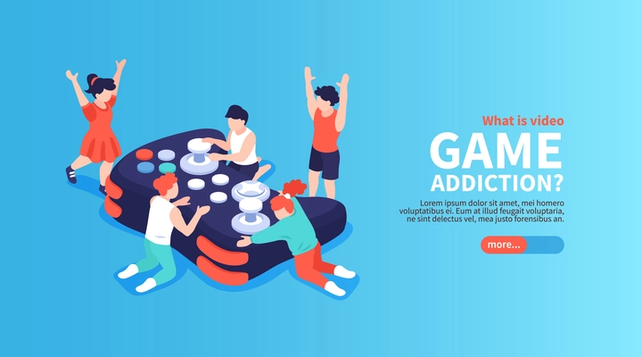 Gadget and video games addiction isometric poster with children and teens vector illustration