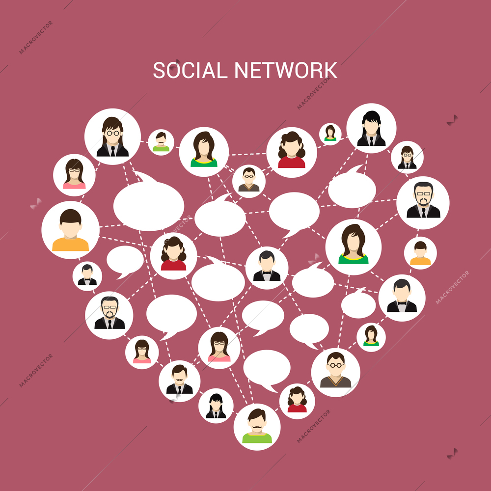 Social network concept with male and female avatars connected in heart shape vector illustration