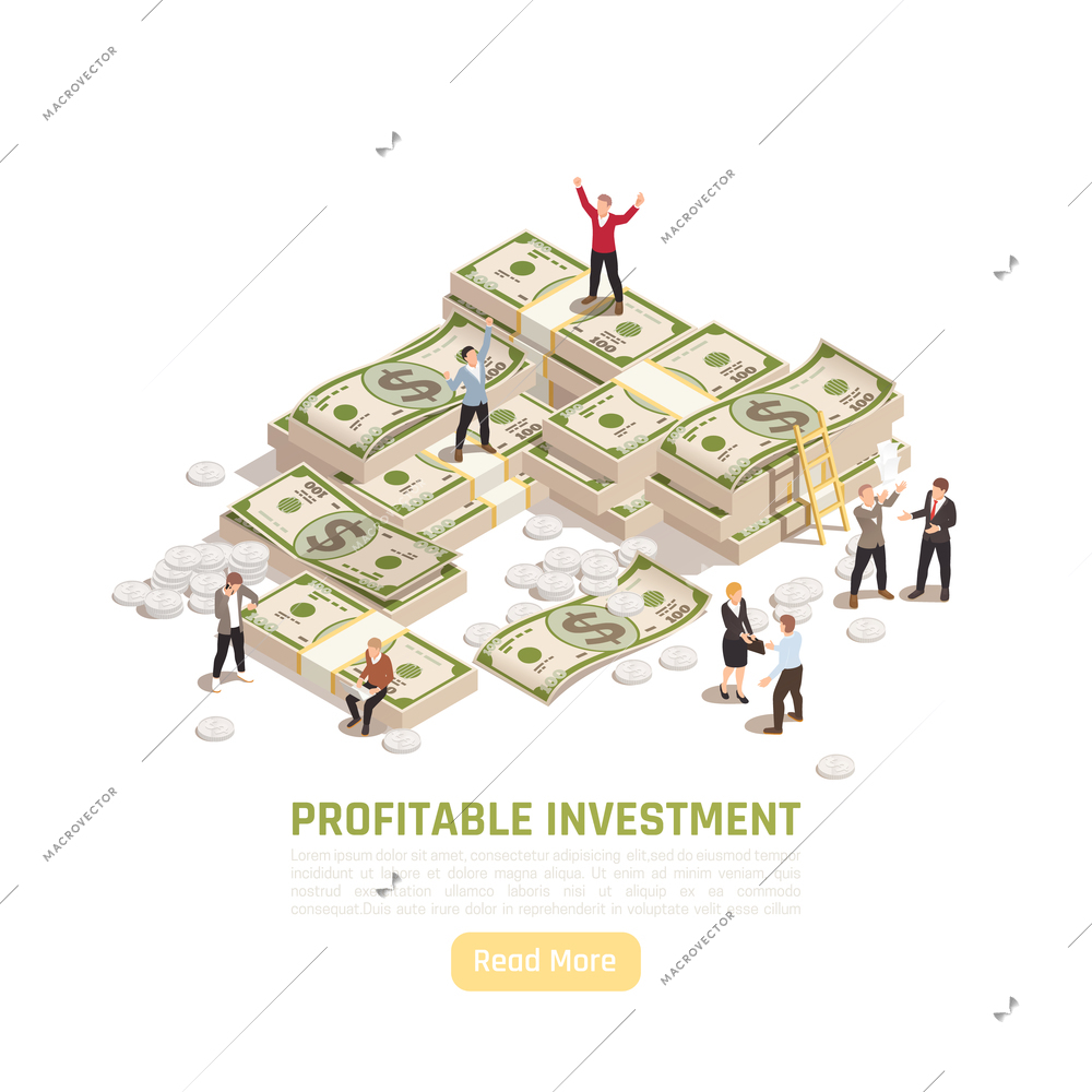 Wealth management isometric background with editable text button and compositions of money and little human characters vector illustration