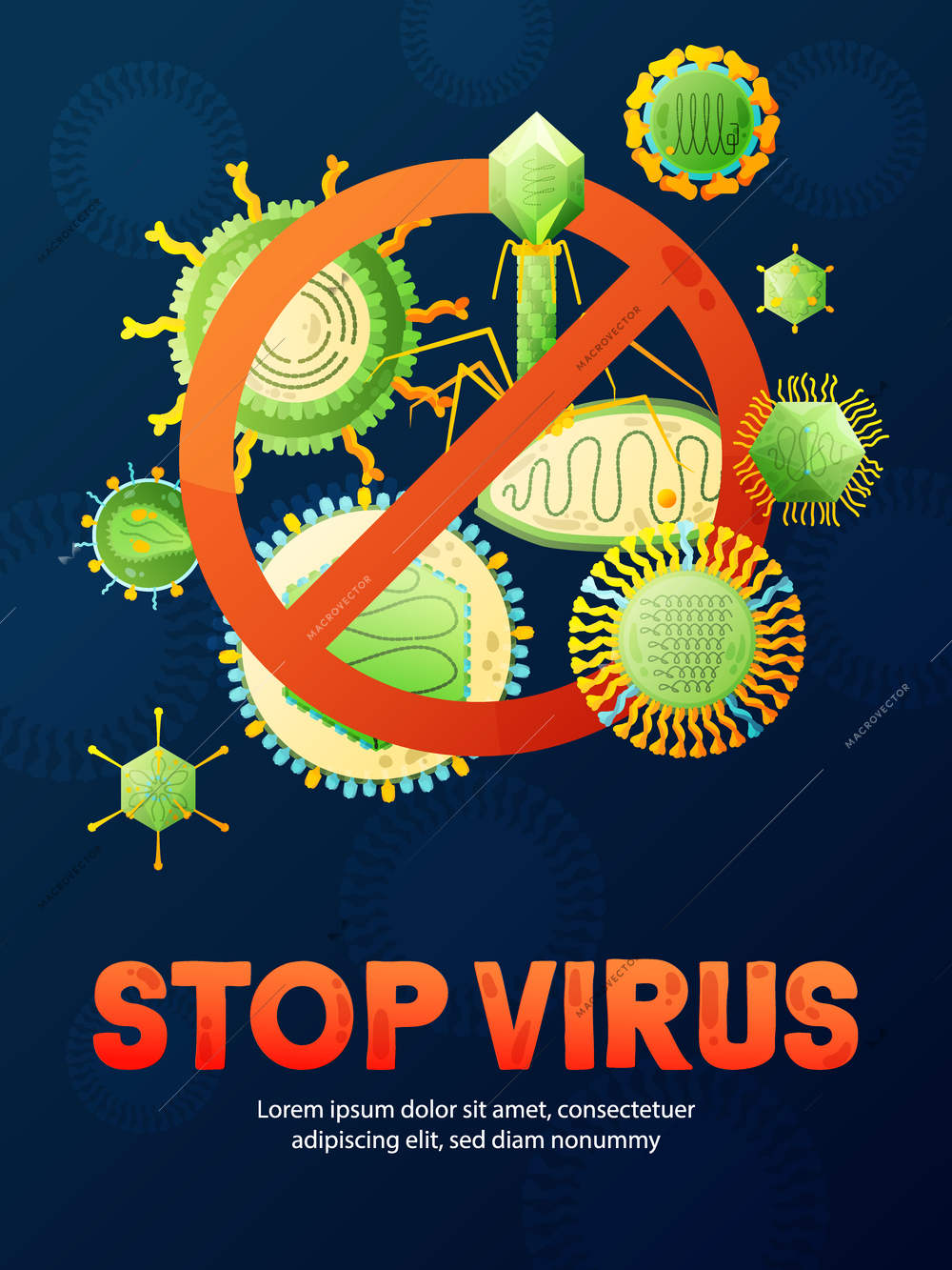 Stop viruses viral infection prevention poster with conspicuous red lettering and circle-backslash prohibition sign vector illustration