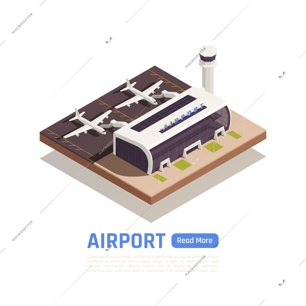 Airport isometric background with images of airplanes near modern terminal building with editable text and button vector illustration