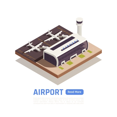 Airport isometric background with images of airplanes near modern terminal building with editable text and button vector illustration