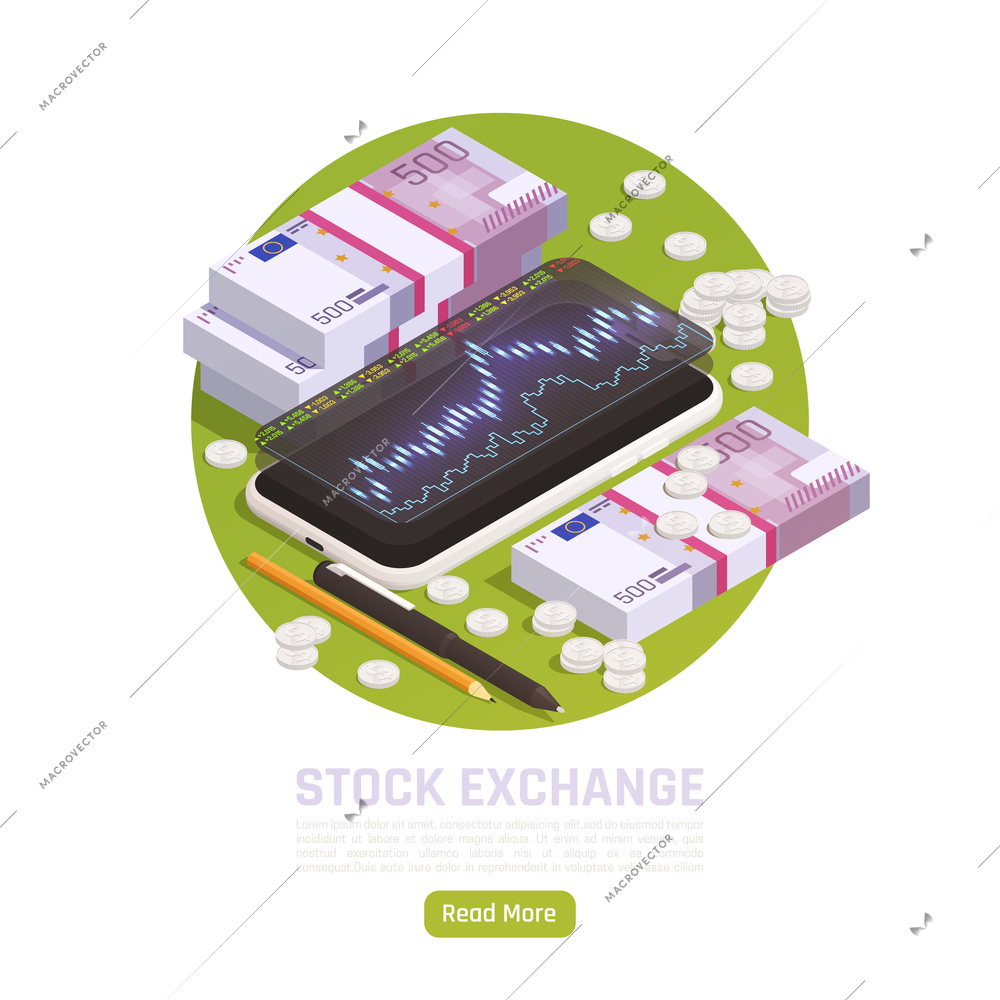 Wealth management isometric background with round composition of banknotes coins and smartphone with text and button vector illustration