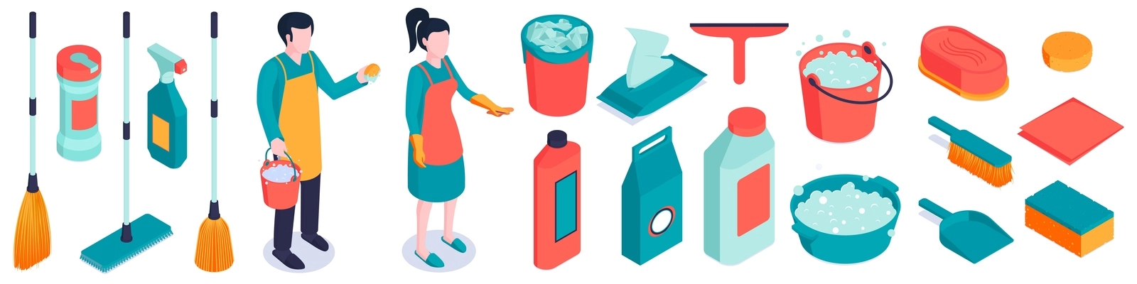 Isometric cleaning set of isolated human characters and pieces of cleaning equipment with detergents and foam vector illustration