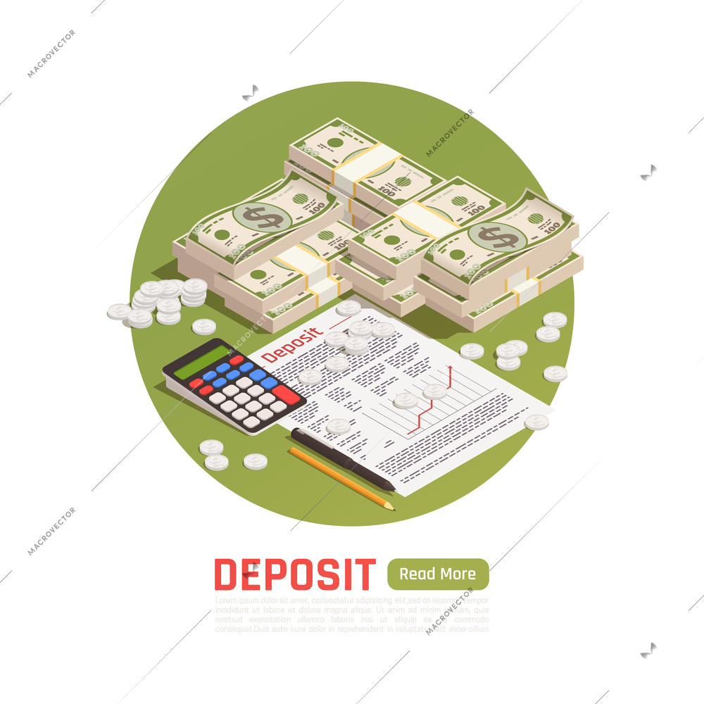 Wealth management isometric background with images of money coins and banknotes with agreement and editable text vector illustration