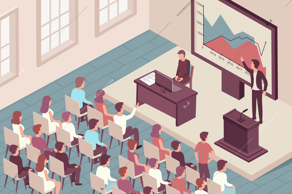 Man speaking at scientific conference isometric background 3d vector illustration