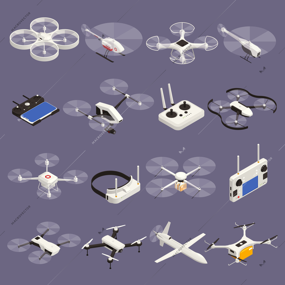 Set with isolated drones isometric icons and images of remotes and various models of quadcopters vector illustration