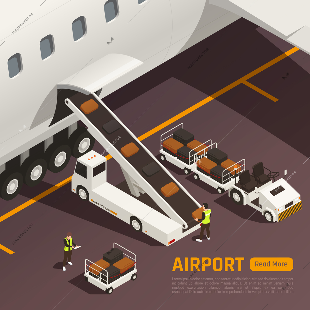 Airport isometric background with editable text and outdoor composition of conveyor truck loading bags to aircraft vector illustration