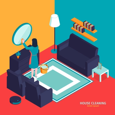 Isometric cleaning composition with indoor view of living room with furniture and housemaid rubbing mirror with cloth vector illustration