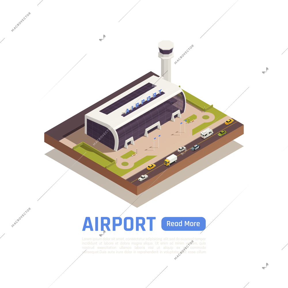 Airport isometric background with text read more button and round composition with road and terminal building vector illustration