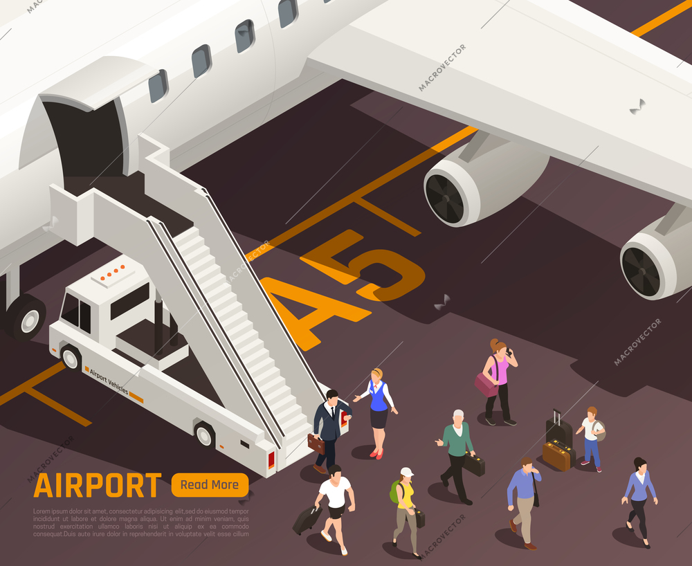 Airport isometric background with characters of people passing through airstairs truck with editable text and button vector illustration