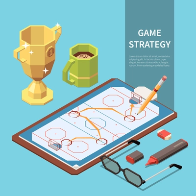 Game strategy shown on sport field isometric composition with cup of coffee pencil marker glasses 3d vector illustration