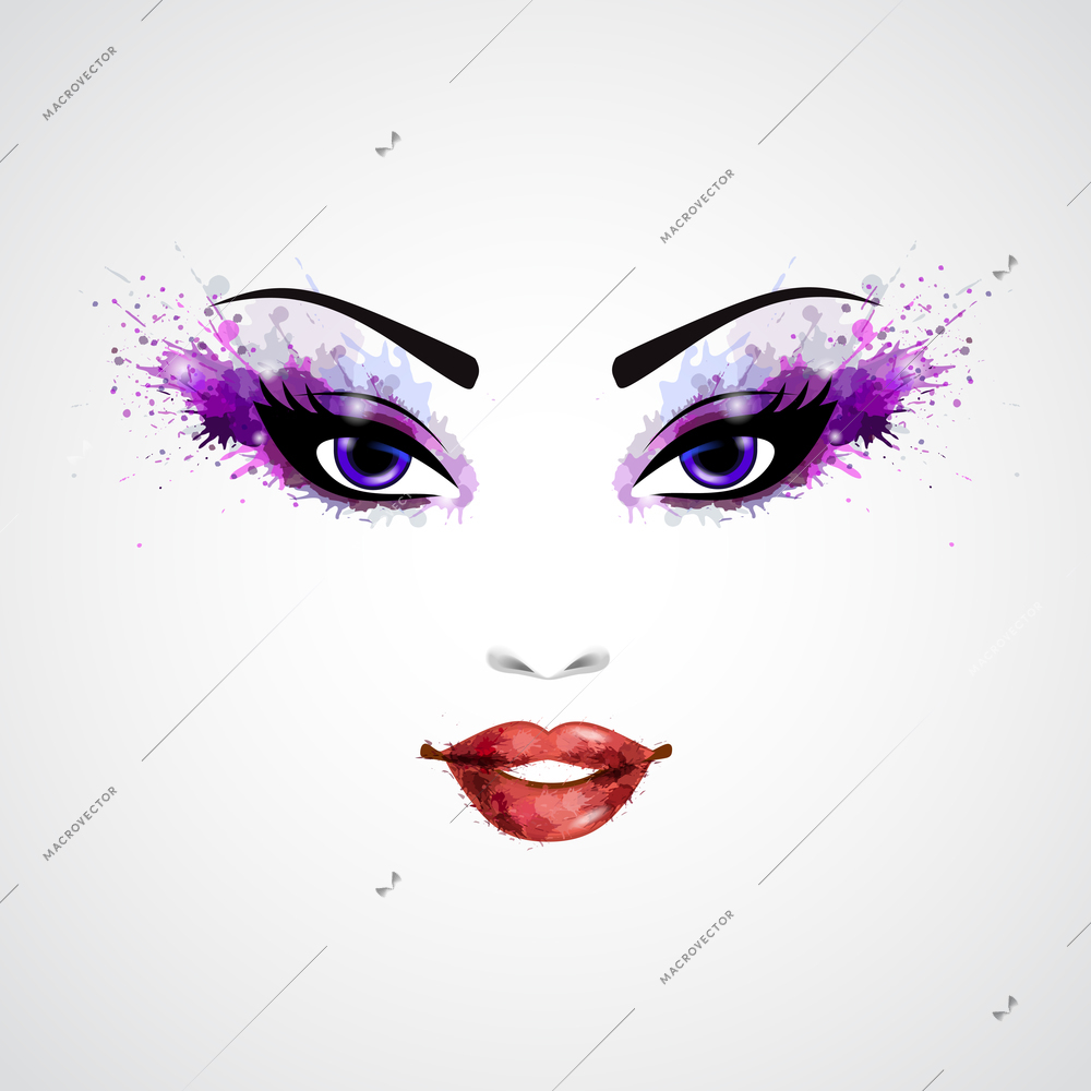 Fashion abstract woman grunge face with purple make-up vector illustration